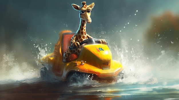 Cartoon Giraffe on a jetski on background sea Generative Ai