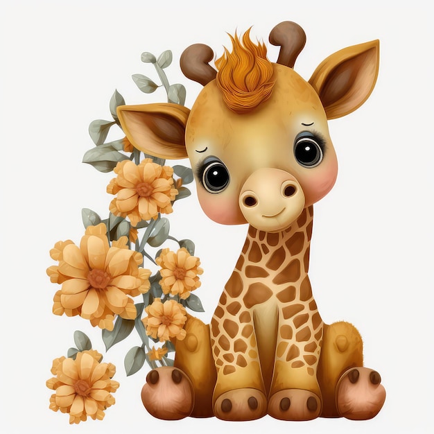 A cartoon giraffe sits next to a bunch of flowers.