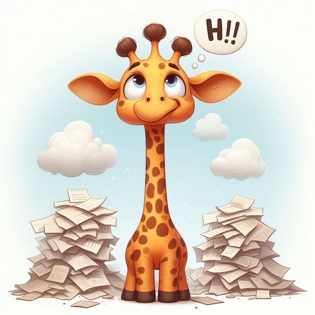 Photo a cartoon of a giraffe with a lot of papers in the background