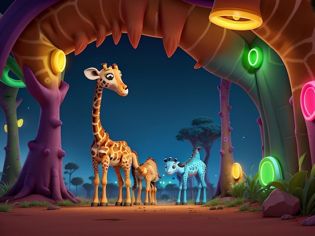 Photo a cartoon of giraffes and giraffes in a jungle scene