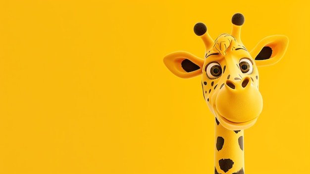 A cartoon giraffes head and neck looks over a yellow background