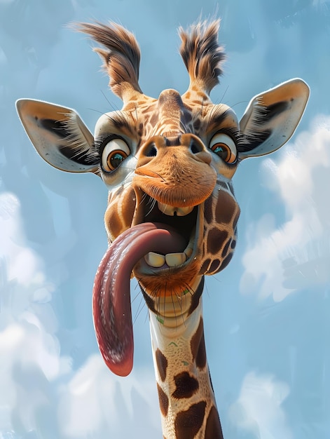 Photo cartoon giraffidae sticking tongue out in playful gesture