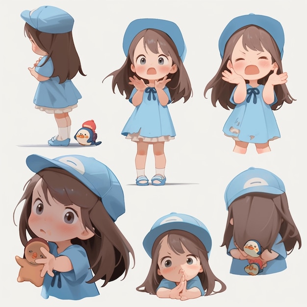 cartoon girl in blue dress and hat with various poses generative ai