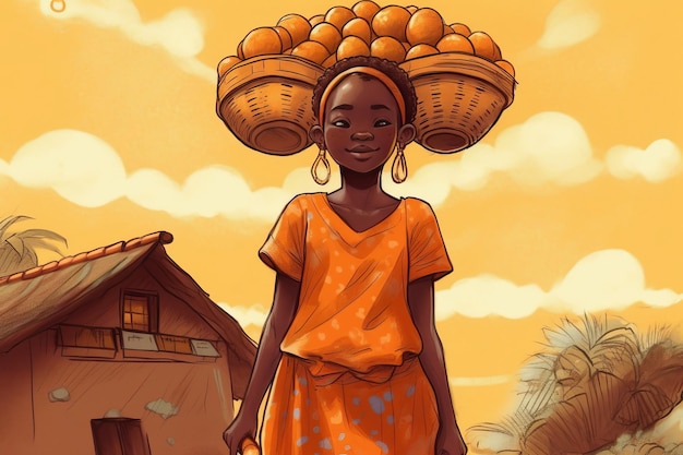 A cartoon of a girl carrying a basket of oranges on her head.