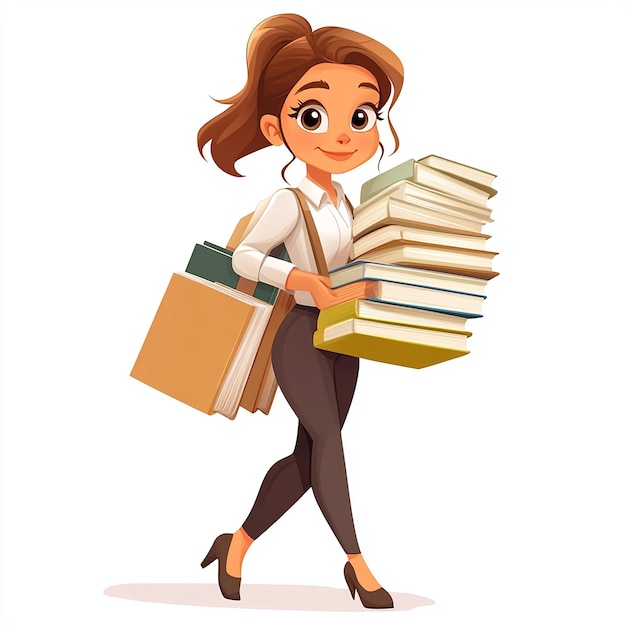 cartoon girl carrying stack of book isolated on white