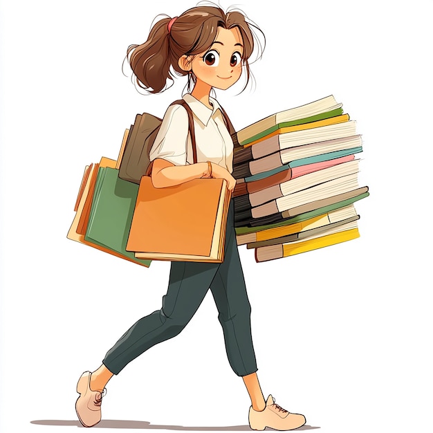 cartoon girl carrying stack of books isolated on white