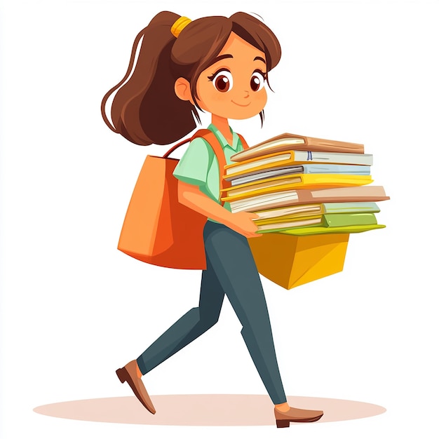 cartoon girl carrying stack of books isolated on white