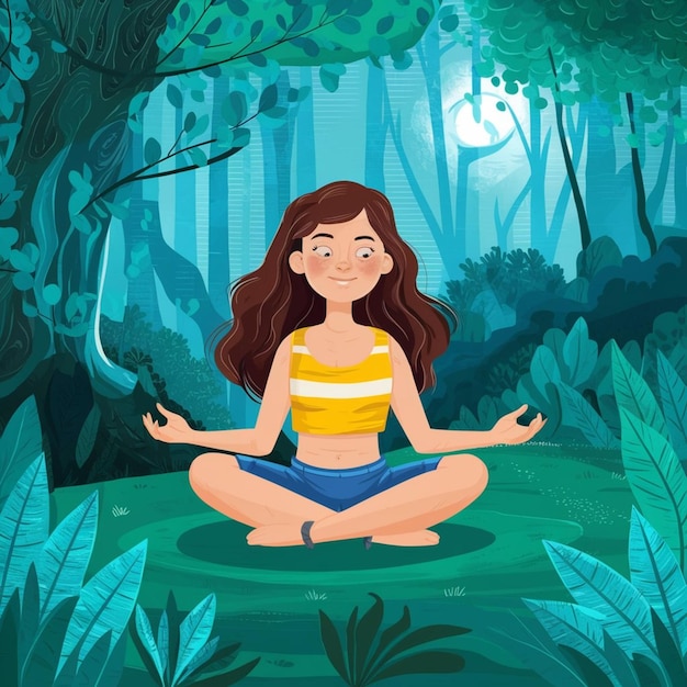 a cartoon of a girl doing yoga in the jungle