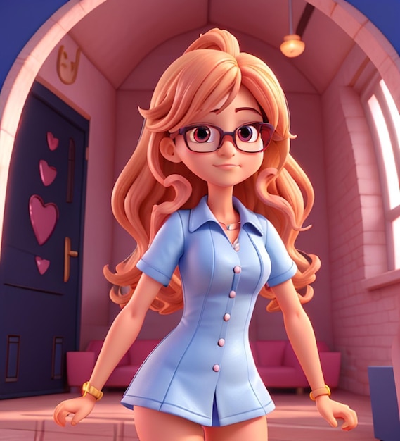 a cartoon girl in a dress and glasses