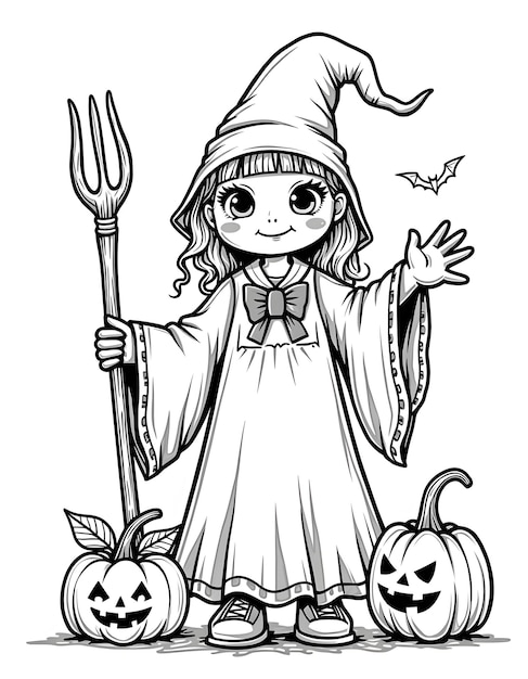 Photo a cartoon girl dressed in a witchs costume with pumpkins on it