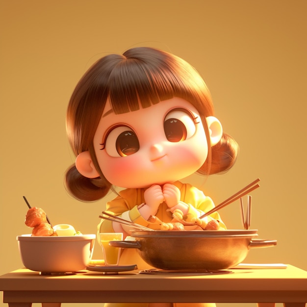 cartoon girl eating a bowl of food with chopsticks and a bowl of fruit generative ai