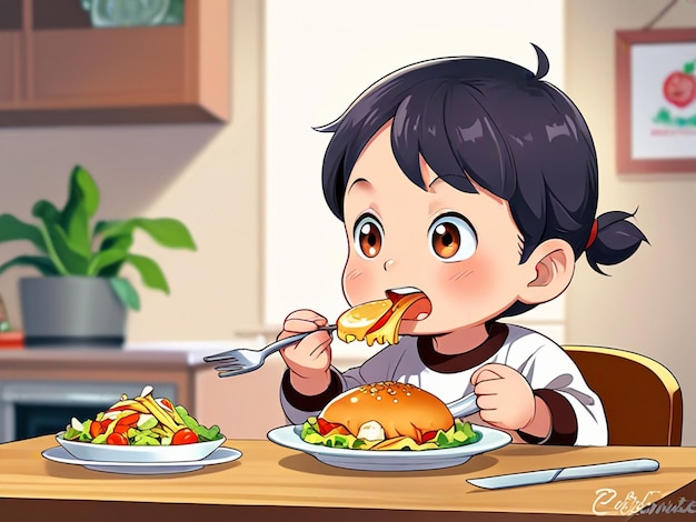 a cartoon girl eating a meal with a plate of food