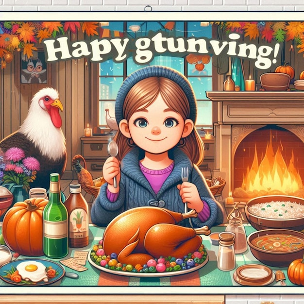 a cartoon of a girl eating a turkey with a turkey on the front