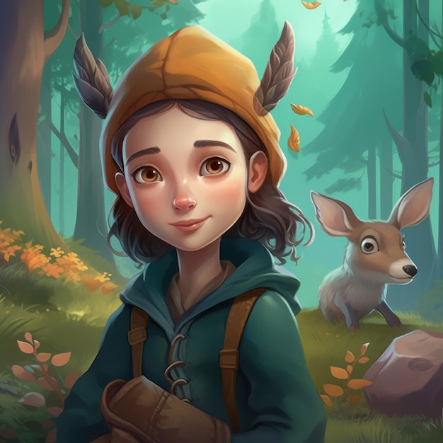 A cartoon of a girl in a forest with a deer in the background.