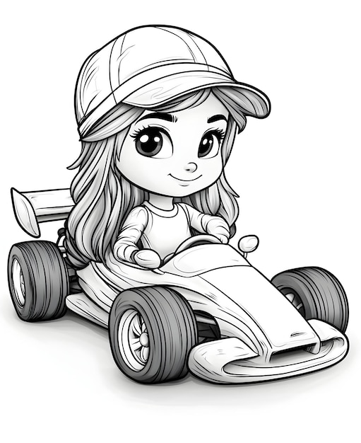 Photo cartoon girl happily driving racing car for kids coloring page