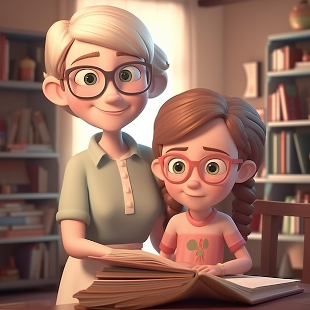 A cartoon girl and her mom are reading a book.