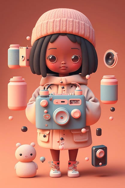 A cartoon of a girl holding a camera and a pink hat.