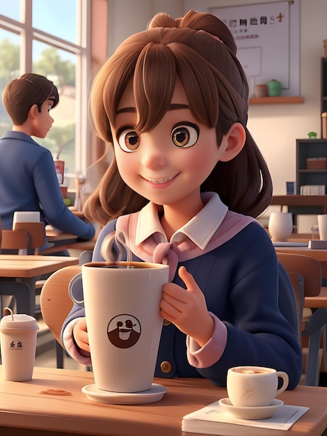 a cartoon of a girl holding a coffee mug with a picture of a man and a woman in the AI Generated