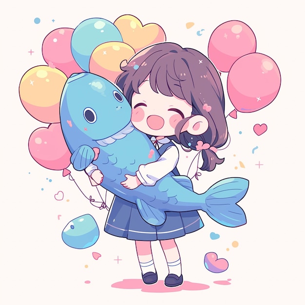 cartoon girl holding a fish and balloons with a heart shaped balloon generative ai