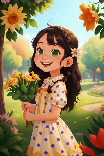 Cartoon Girl Holding Flowers Anime Style Beautiful Smile Wallpaper Background Illustration