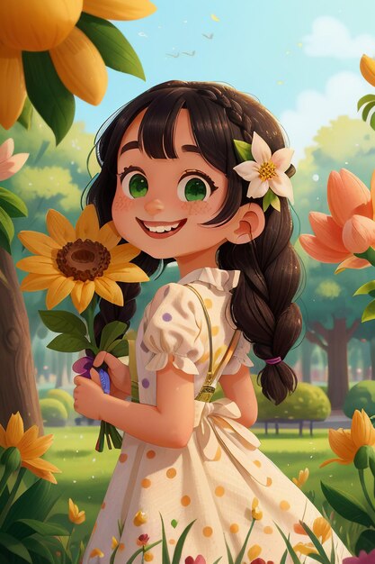 Cartoon Girl Holding Flowers Anime Style Beautiful Smile Wallpaper Background Illustration