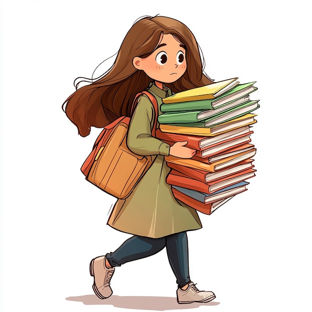 cartoon girl holding stack of books isolated on white