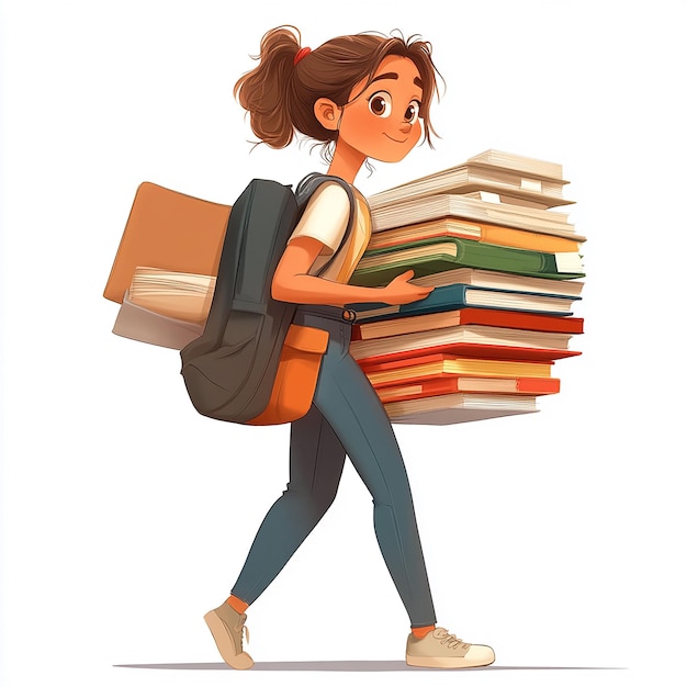 Photo cartoon girl holding stack of books isolated on white