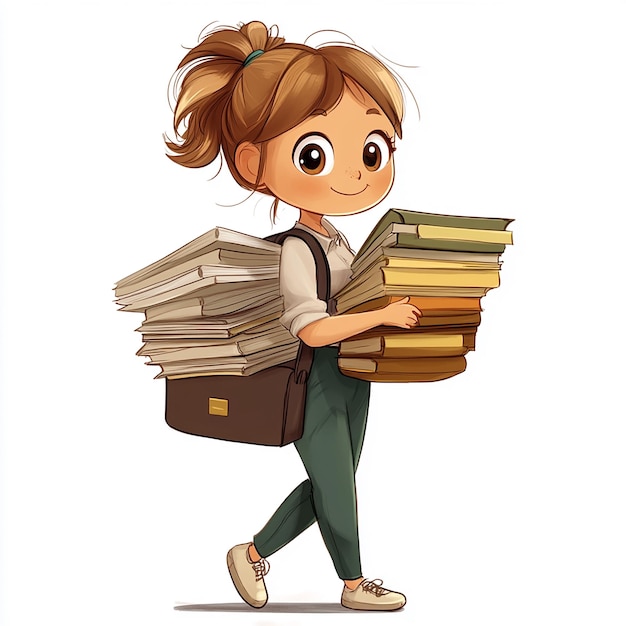 cartoon girl holding stack of books isolated on white