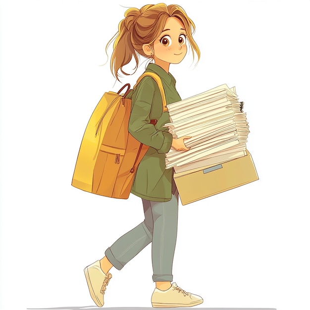 Photo cartoon girl holding stack of books isolated on white