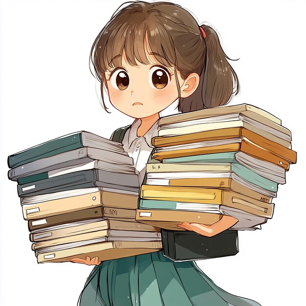 Photo cartoon girl holding stack of books isolated on white