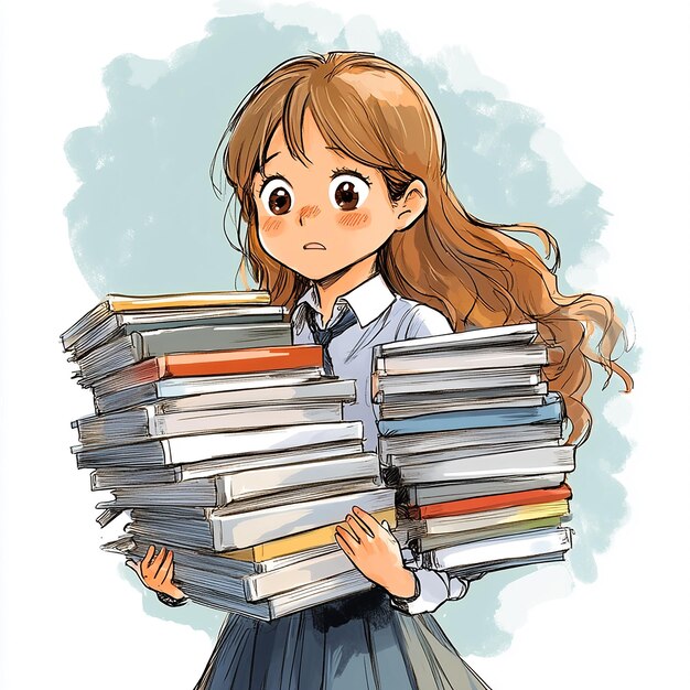 Photo cartoon girl holding stack of books isolated on white