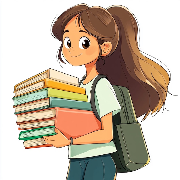 cartoon girl holding stack of books isolated on white