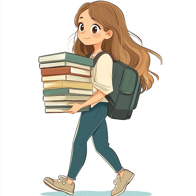 cartoon girl holding stack of books isolated on white