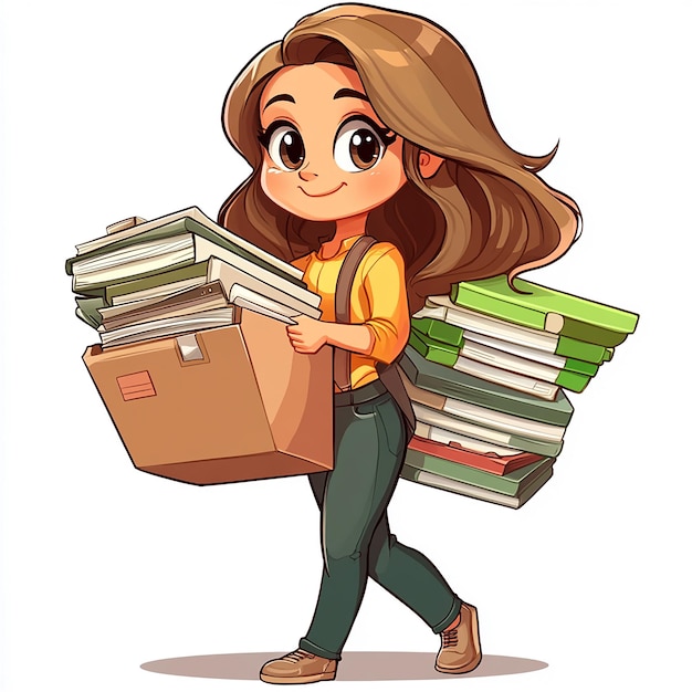 cartoon girl holding stack of books isolated on white