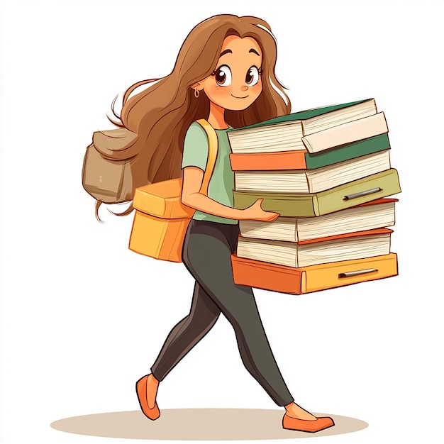 cartoon girl holding stack of books isolated on white