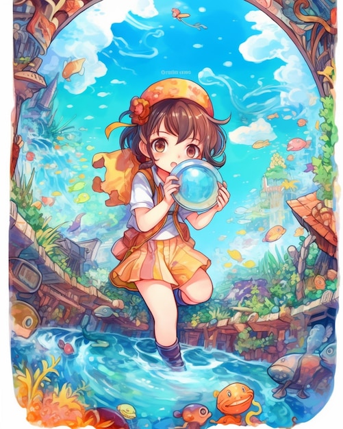 A cartoon girl is holding a globe in her hands.