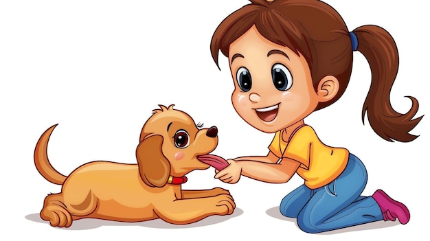 A cartoon girl is playing with a puppy