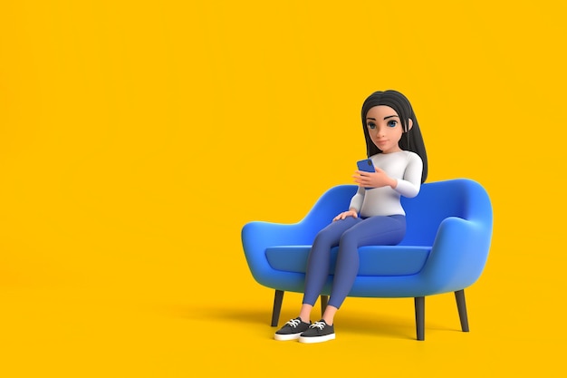 Cartoon girl is resting on an armchair with a phone in her hands on yellow background 3D render