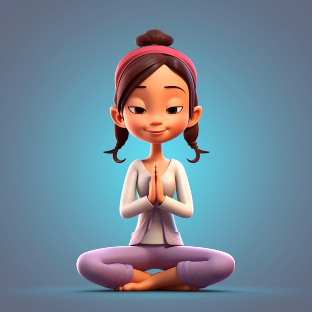 A cartoon girl is sitting in a lotus position and is wearing a pink headband.