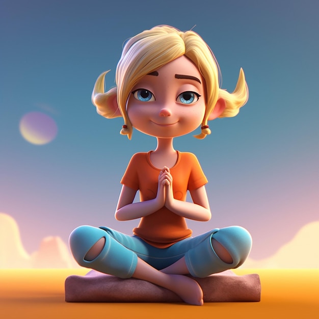 A cartoon girl is sitting in a yoga pose with her eyes closed.