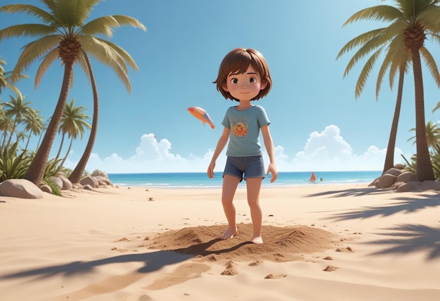 Photo a cartoon girl is walking on the beach with palm trees