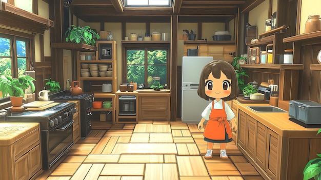 Photo cartoon girl in a kitchen with wooden cabinets and appliances