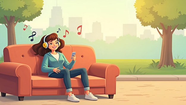 Photo a cartoon of a girl listening to music with headphones