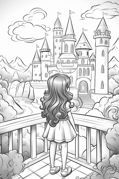 a cartoon girl looking at a castle from a balcony generative ai