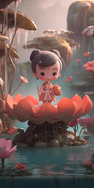 A cartoon girl in a lotus flower