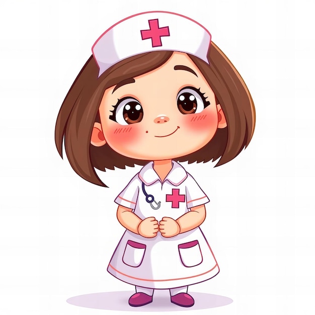 Cartoon girl nurse in white uniform with red cross on her chest