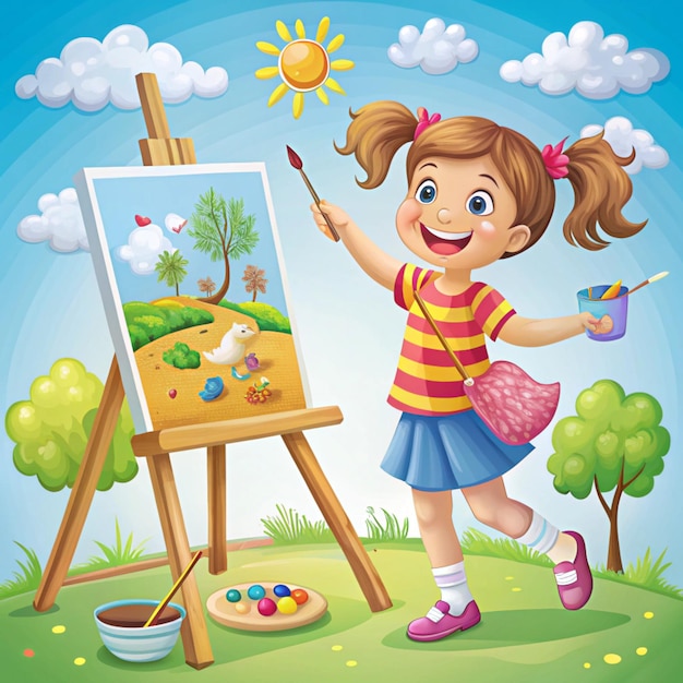 a cartoon girl painting with a paint brush and a paint brush