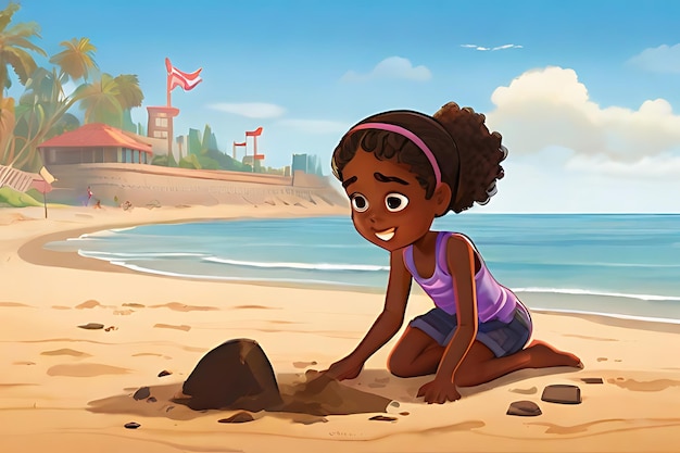 a cartoon girl playing in the sand with rocks and a beach in the background