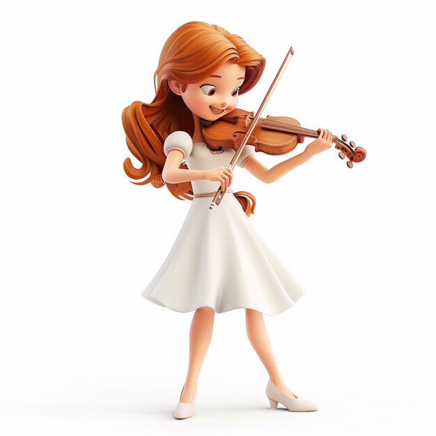 cartoon girl playing violin on white background with white dress generative ai