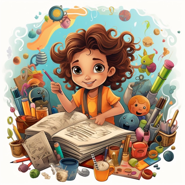 Cartoon girl reading a book surrounded by school supplies generative ai